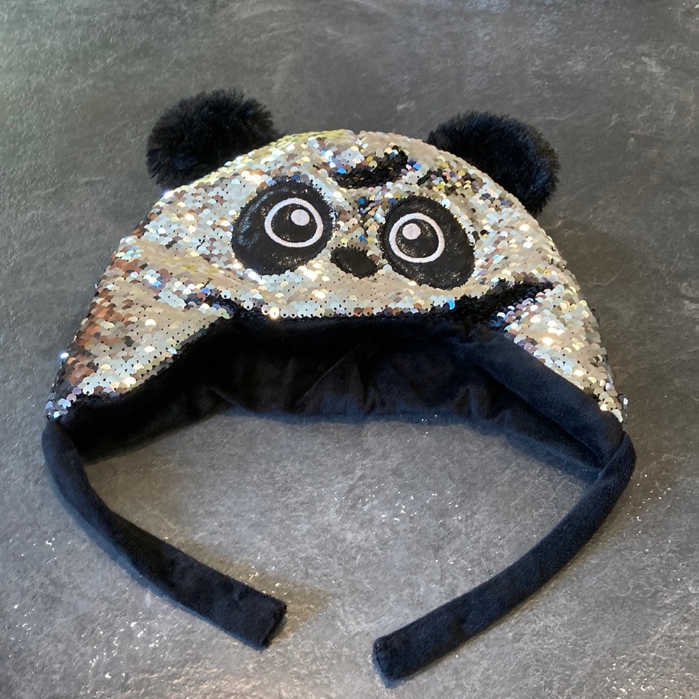 Girls silver black sequin panda bear winter hat - one size